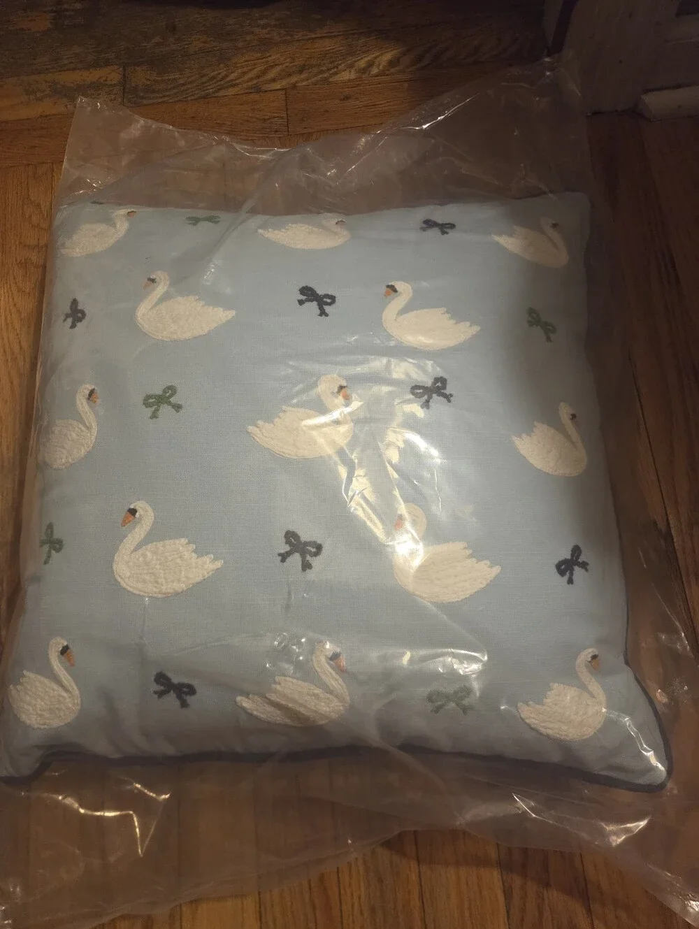Anthropologie Pale Blue Swan Motif Decorative Pillow with Navy Piping